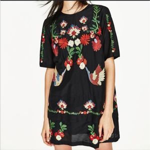 Black Mini Dress with Red Floral Embroidery Crew Neck